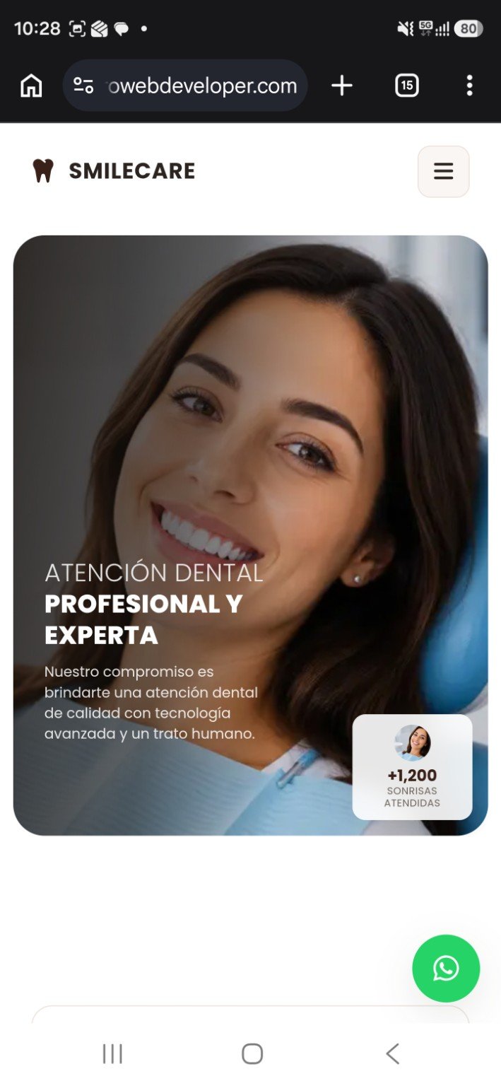 SmileCare dental clinic website, homepage on mobile
